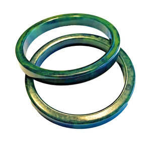 Vintage Green Swirl Bakelite Bracelets Pair Sliced Bangles (2) Hard Plastic